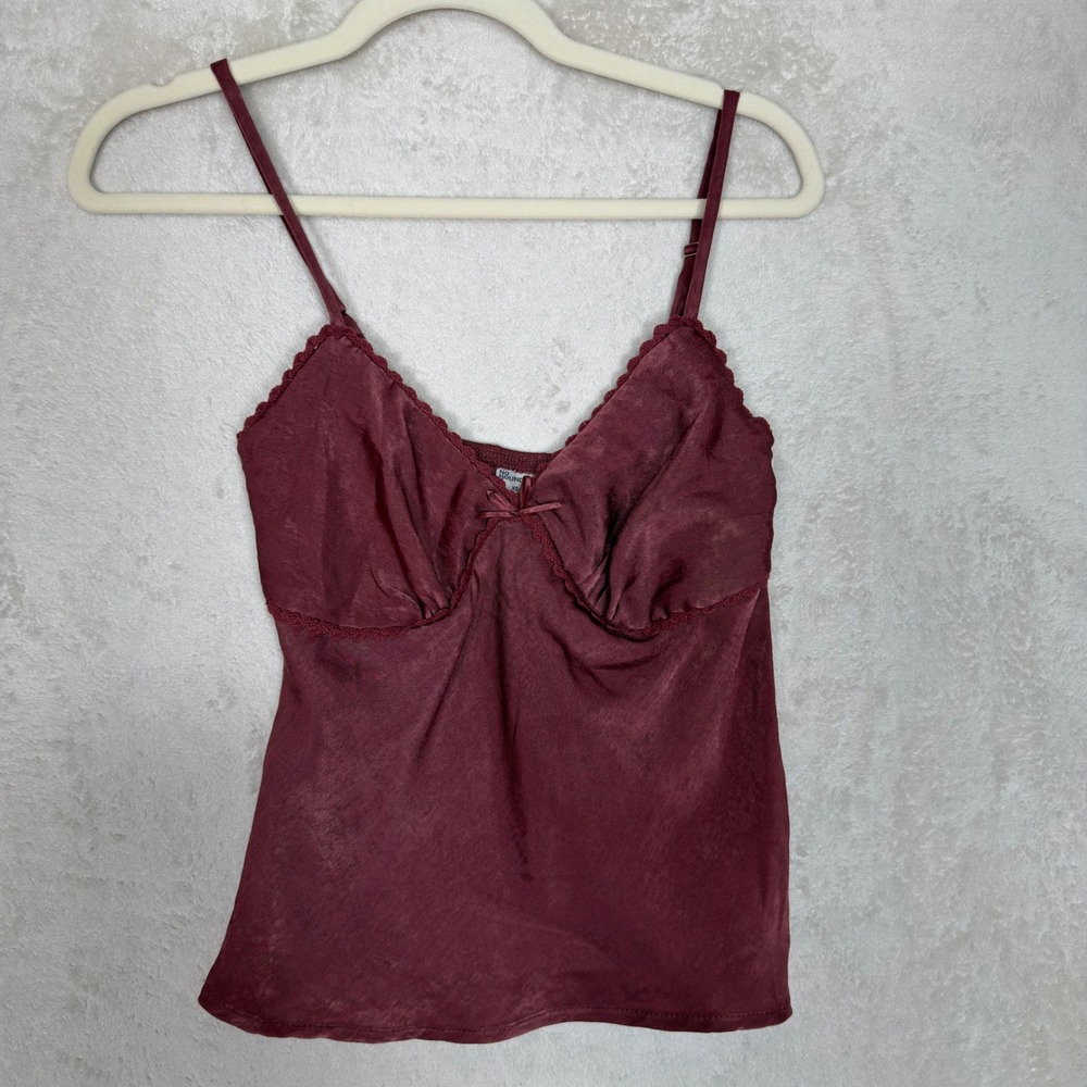 No Boundaries Burgundy Satin Lace Trim Cami Top XS Y2K 90s Romantic Coquette
